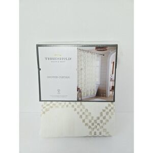 Threshold Shower Curtain cotton fabric off white beige NEW 72x72" neutral grid